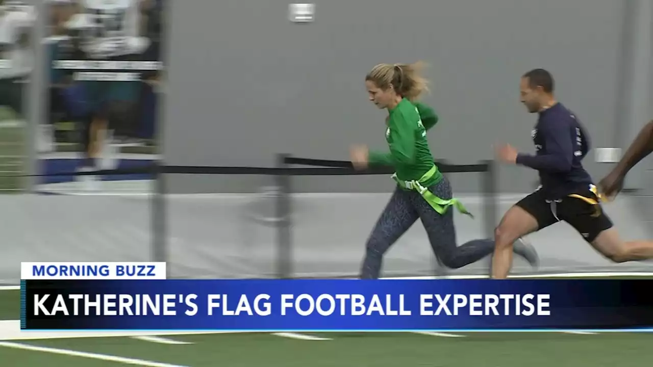 Action News reporter Katherine Scott shows off her flag football skills at charity event