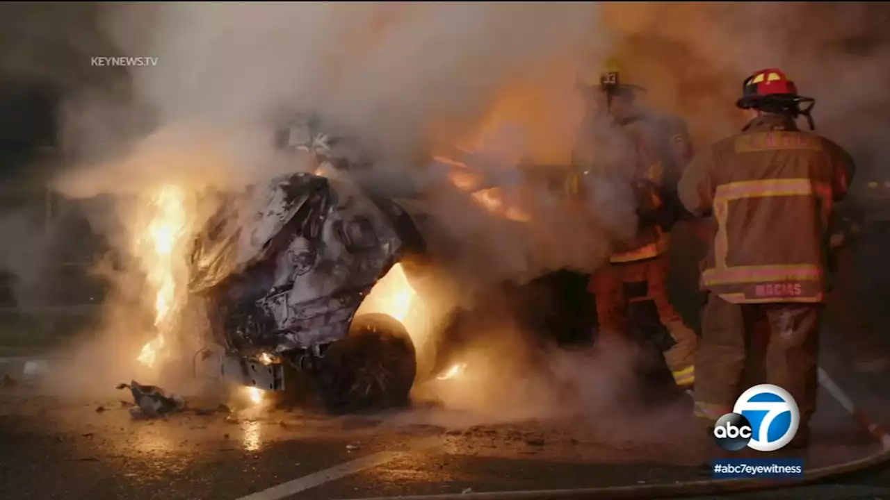 4 killed in fiery solo crash on 110 Freeway in South Los Angeles