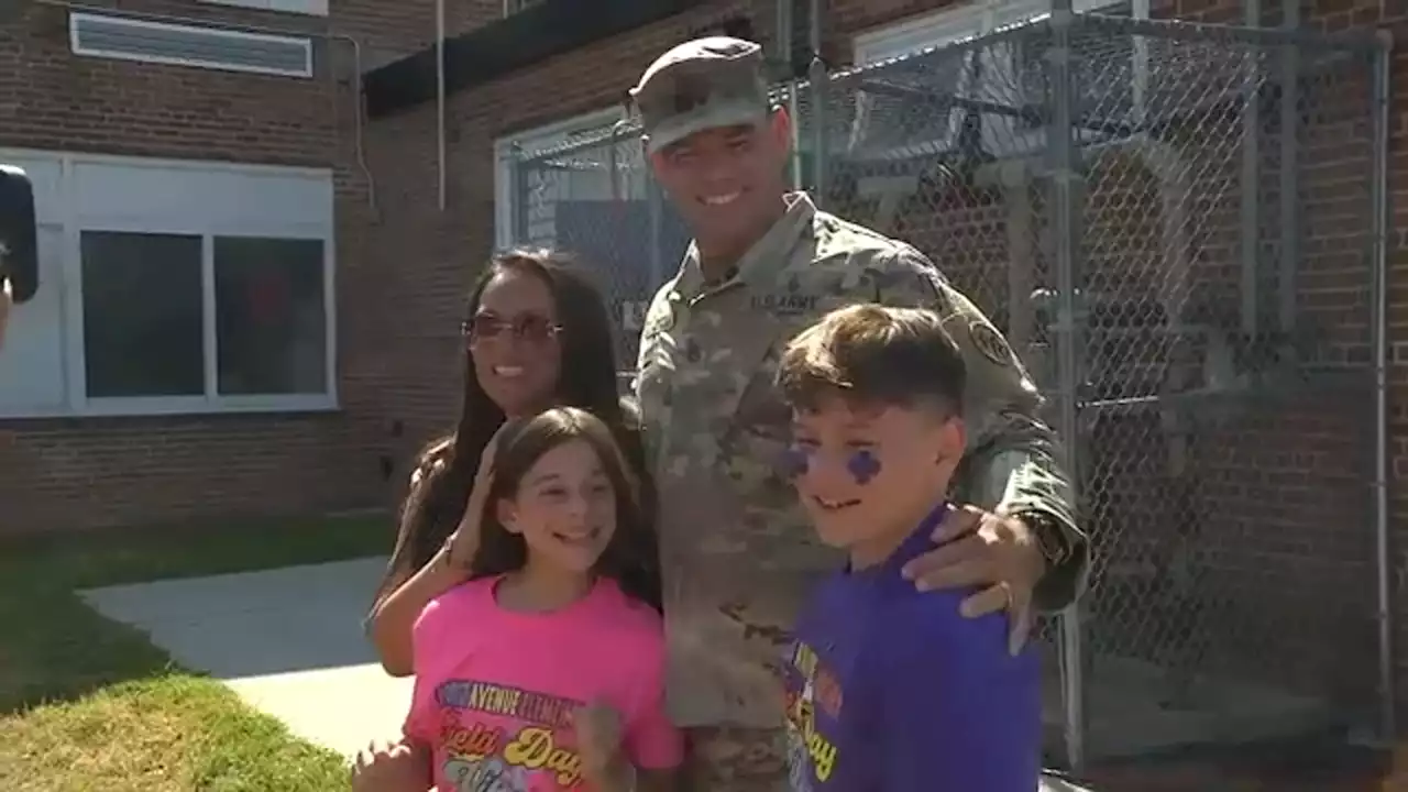 Soldier dad surprises kids during field day at elementary school on Long Island