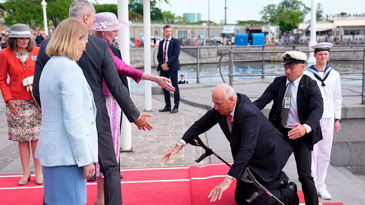 King Harald V of Norway takes a tumble as he visits Queen Margrethe in Denmark