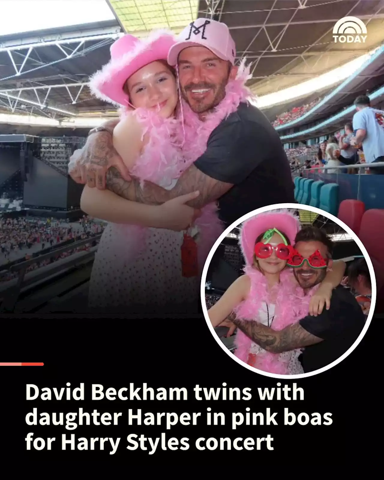 David Beckham twins with daughter Harper in pink boas for Harry Styles concert