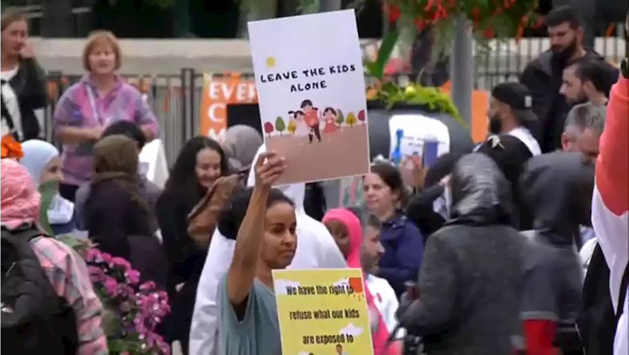 Protesters rally against Pride Month activities at Calgary schools