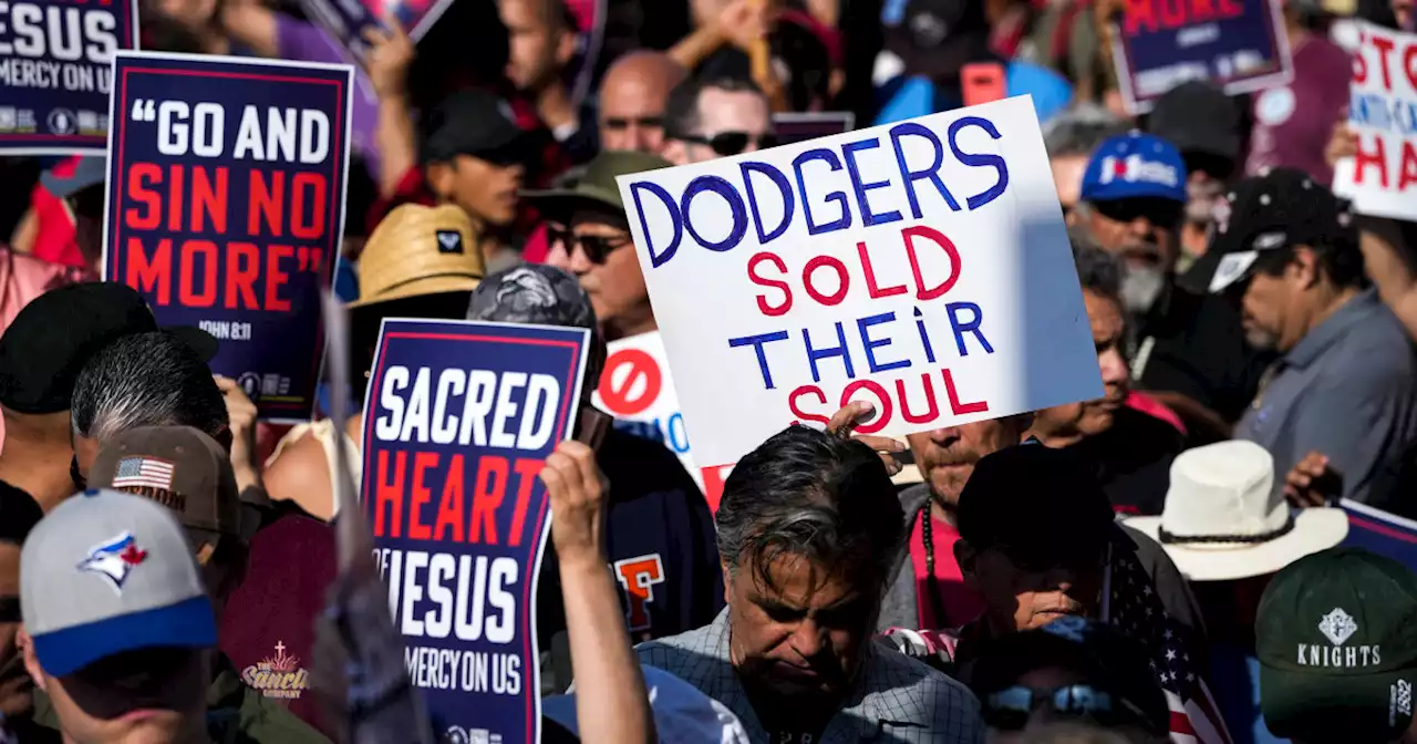 Catholic and other religious protesters gather at Dodger Stadium on Pride Night