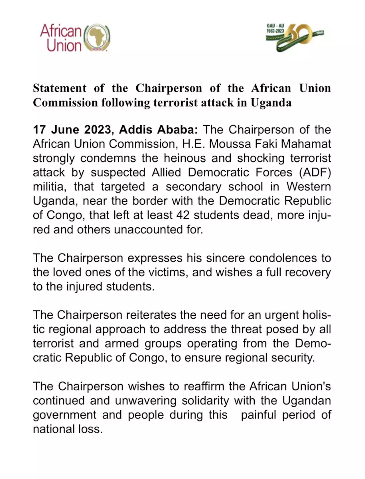 Statement of the Chairperson of the African Union Commission following terrorist attack in Uganda | African Union