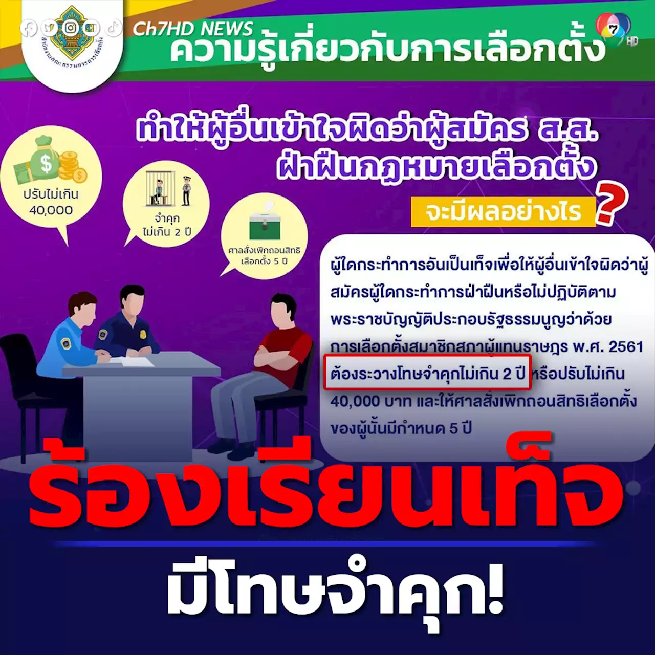 กกต. เตือนสตินักร้องเรียน หากร้องเท็จ มีโทษจำคุกไม่เกิน 2 ปี หรือ ปรับไม่เกิน 40,000 บาท และ เพิกถอนสิทธิเลือกตั้ง 5 ปี