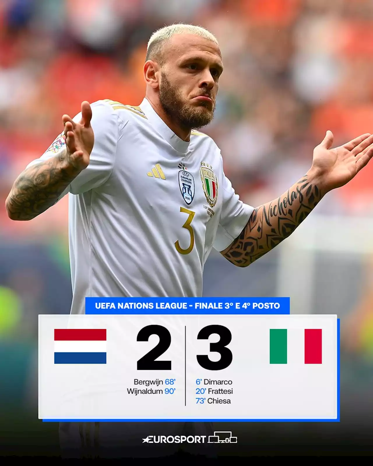 Olanda-Italia 2-3: la Nazionale si diverte e chiude al 3° posto, in gol Dimarco, Frattesi e Chiesa (in rete dopo 2 anni)