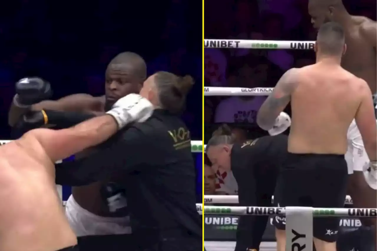 Referee dropped by thunderous punch from heavyweight kickboxer while separating fighters