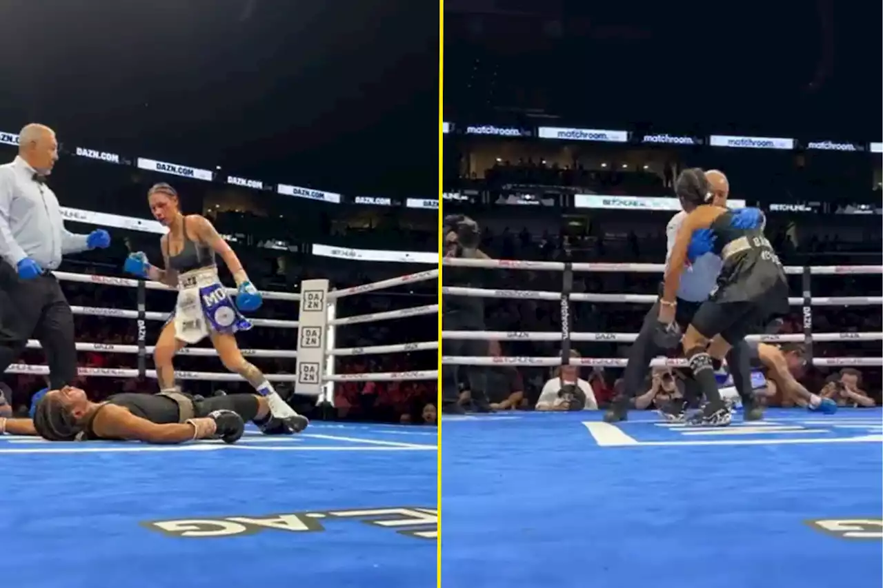 Ringside footage shows Ali helped to feet by ref after brutal KO as Ebanie Bridges reacts