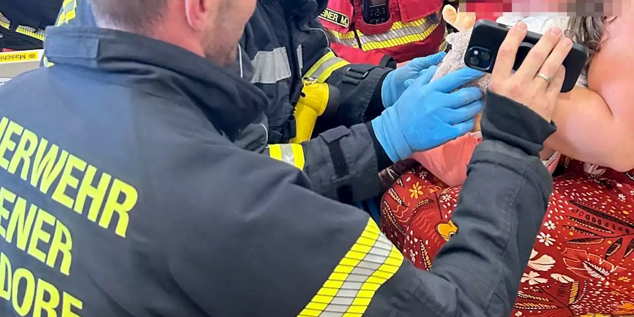 Ups! Mäderl steckt in Rechen fest, Feuerwehr befreit es