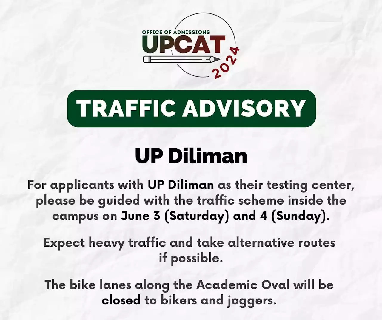 UP Diliman issues traffic scheme for upcoming UPCAT