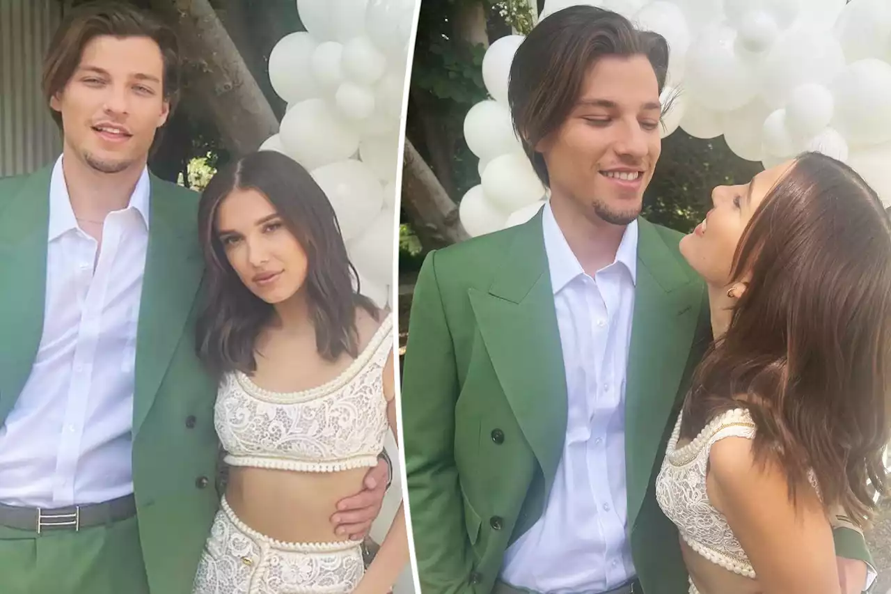 Millie Bobby Brown, 19, wears bridal bra top for engagement party with fiancé Jake Bongiovi