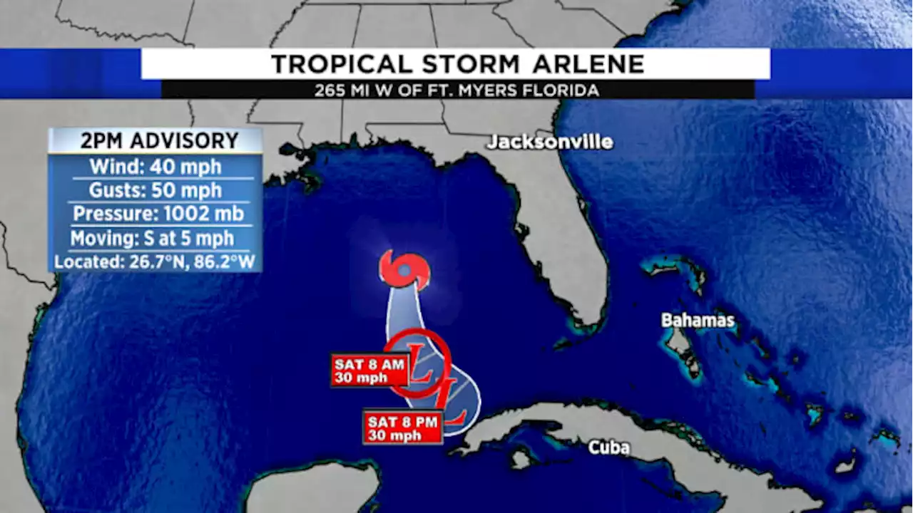 System strengthens into Tropical Storm Arlene in the Gulf of Mexico