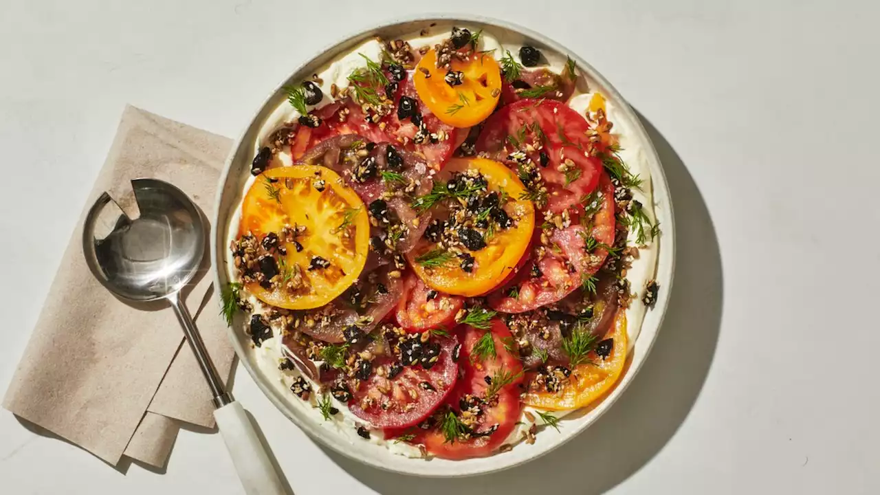 Tomato Salad With Crème Fraîche and Olive Granola