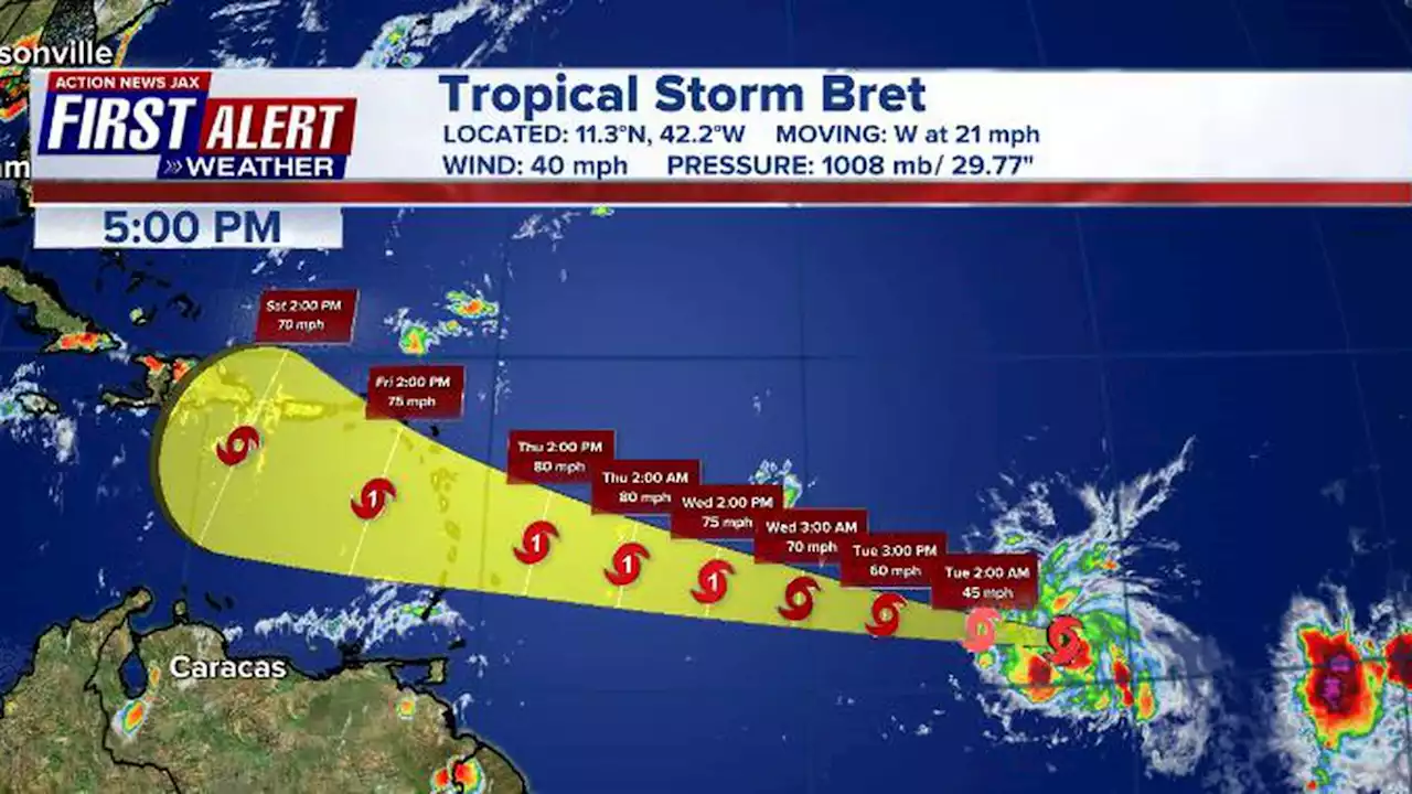 Tropical Storm Bret forms in Atlantic, is expected to intensify into a hurricane