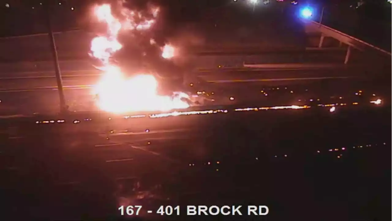 Crews battling large vehicle fire on Highway 401 in Pickering