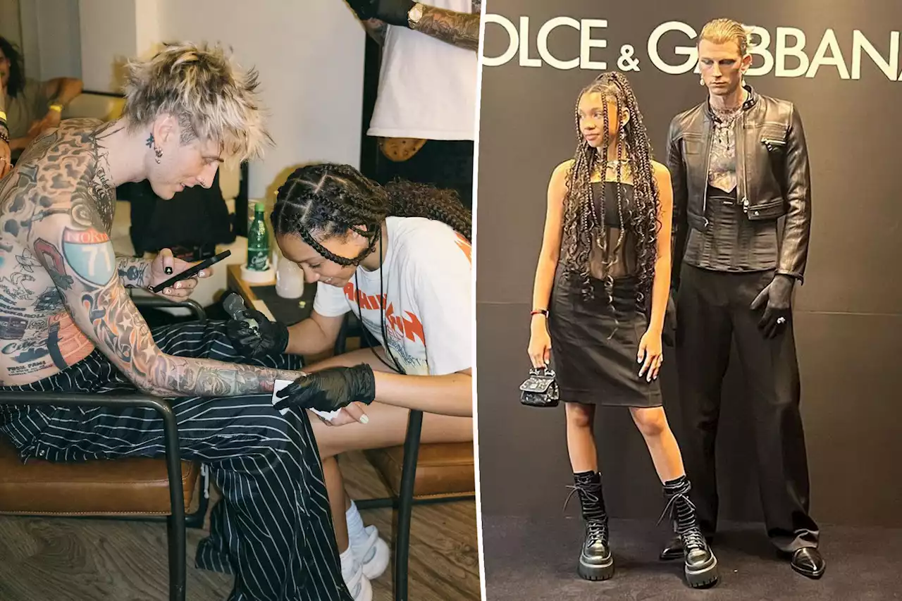 Machine Gun Kelly allows daughter Casie, 13, to give him a tattoo backstage at Hellfest