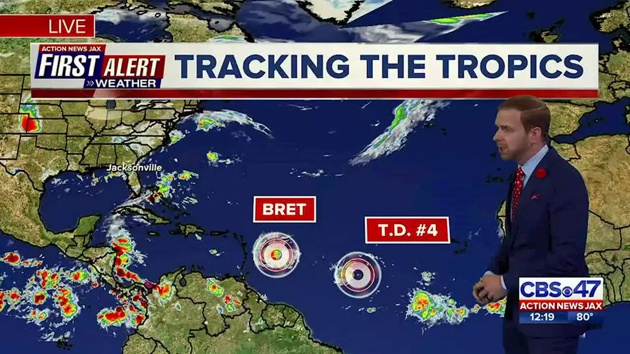 Tropical Storm Bret moves into the Caribbean as Tropical Depression 4 churns in the Atlantic Ocean