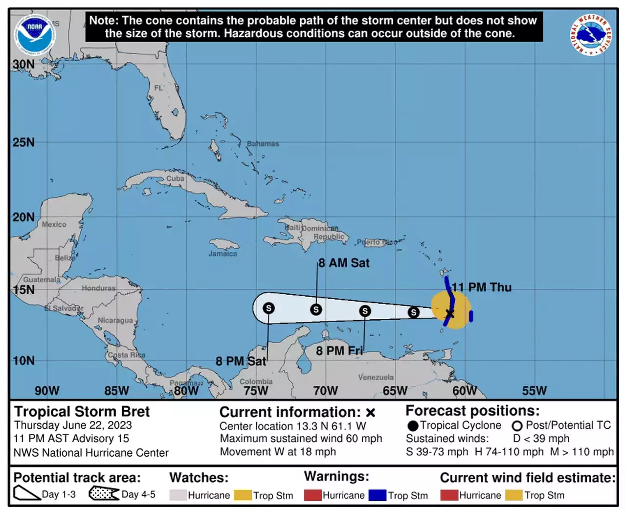 Tropical Storm Bret swirls around eastern Caribbean