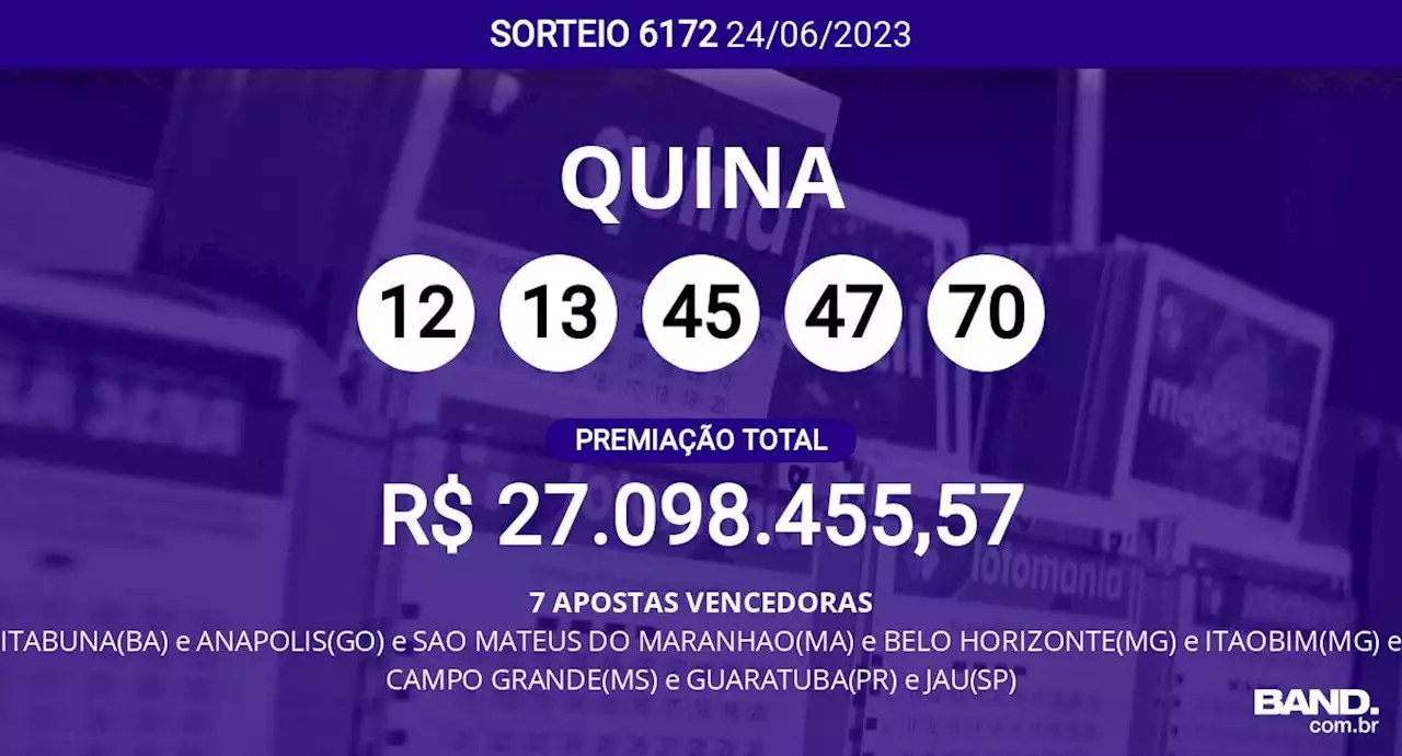 8 apostadores acertam a Quina 6172 e dividem R$ 27,1 milhões; veja dezenas