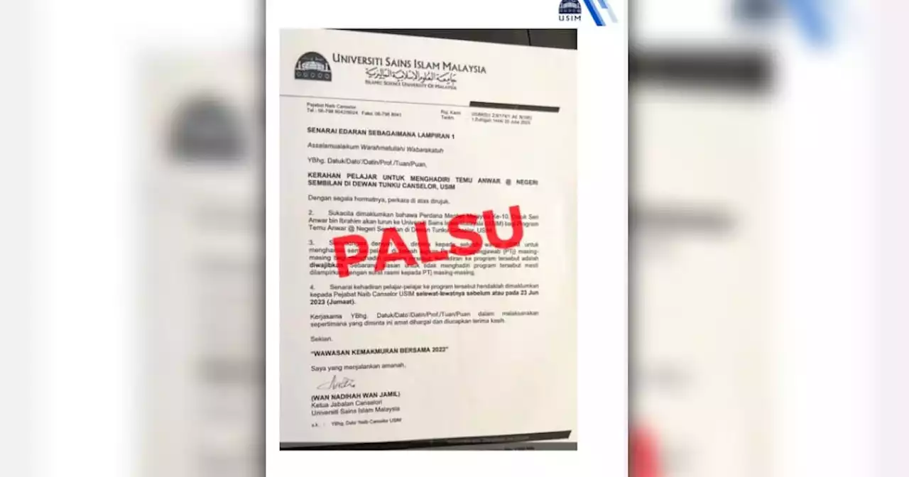 Penularan surat palsu, USIM buat laporan polis