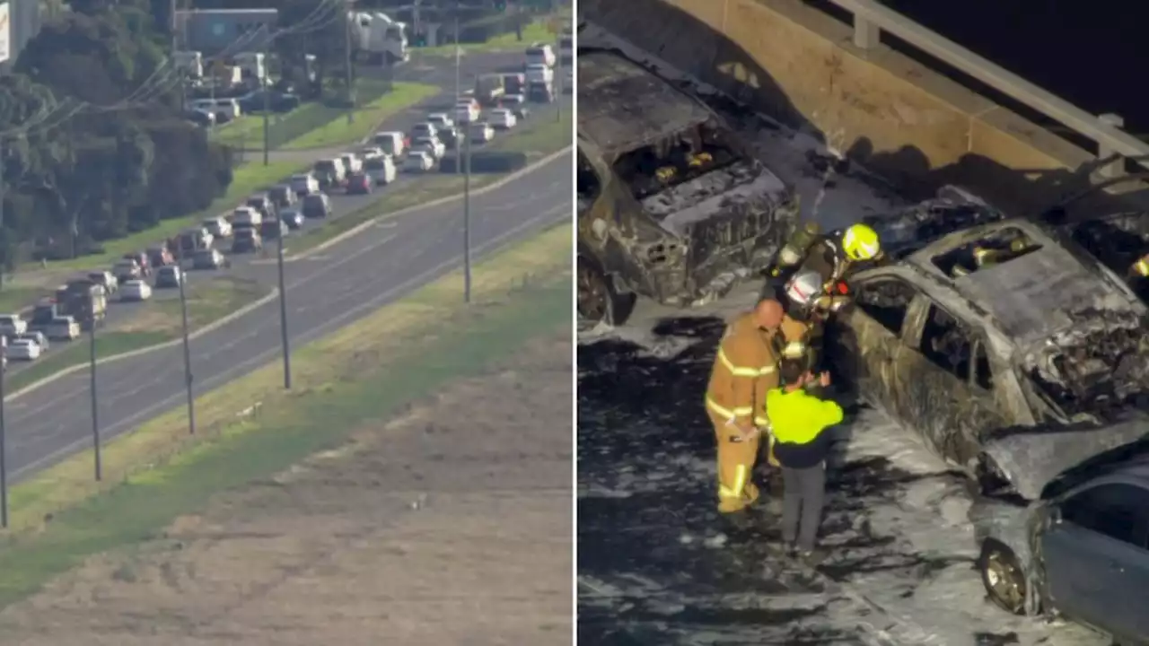 Traffic chaos as three cars burst into flames in Melbourne