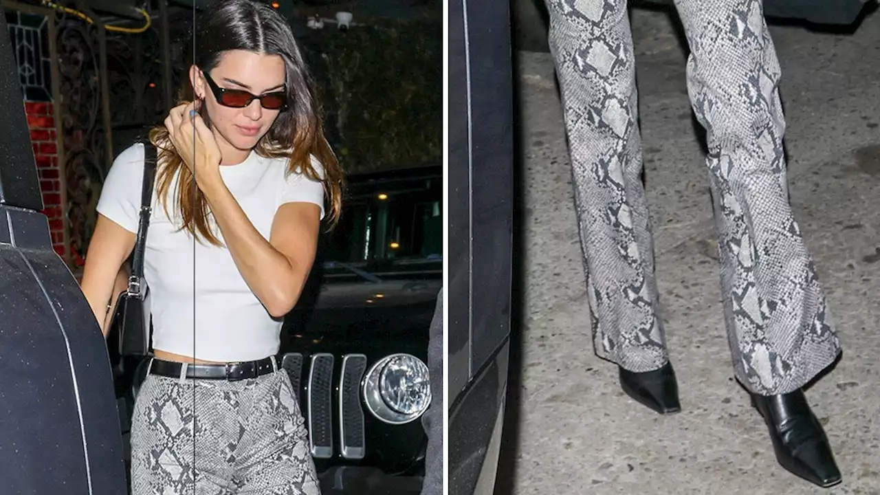 Kendall Jenner lleva pantalones estampados de serpiente y botas para una cita romántica