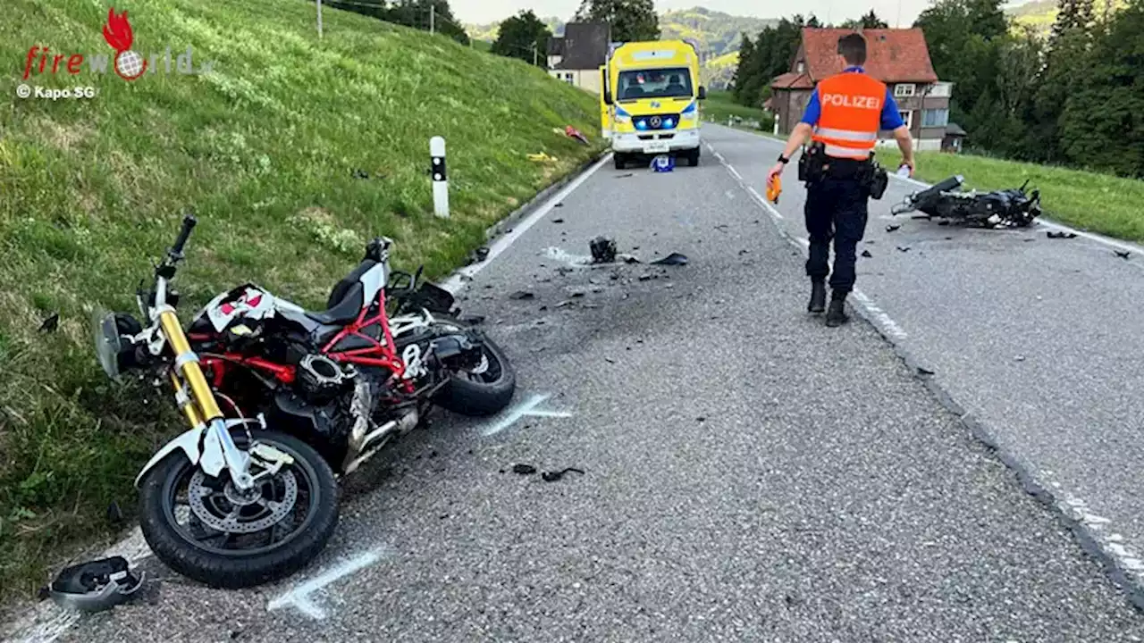 Schweiz: Motorrad-Frontalkollision bei Wattwil → zwei lebensgefährlich Verletzte (17, 59) und eine Schwerverletzte (59)