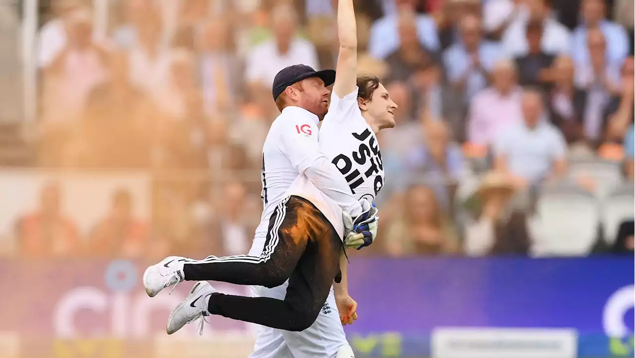 Jonny Bairstow carries Just Stop Oil protester off Lord's pitch after Ashes Test is halted