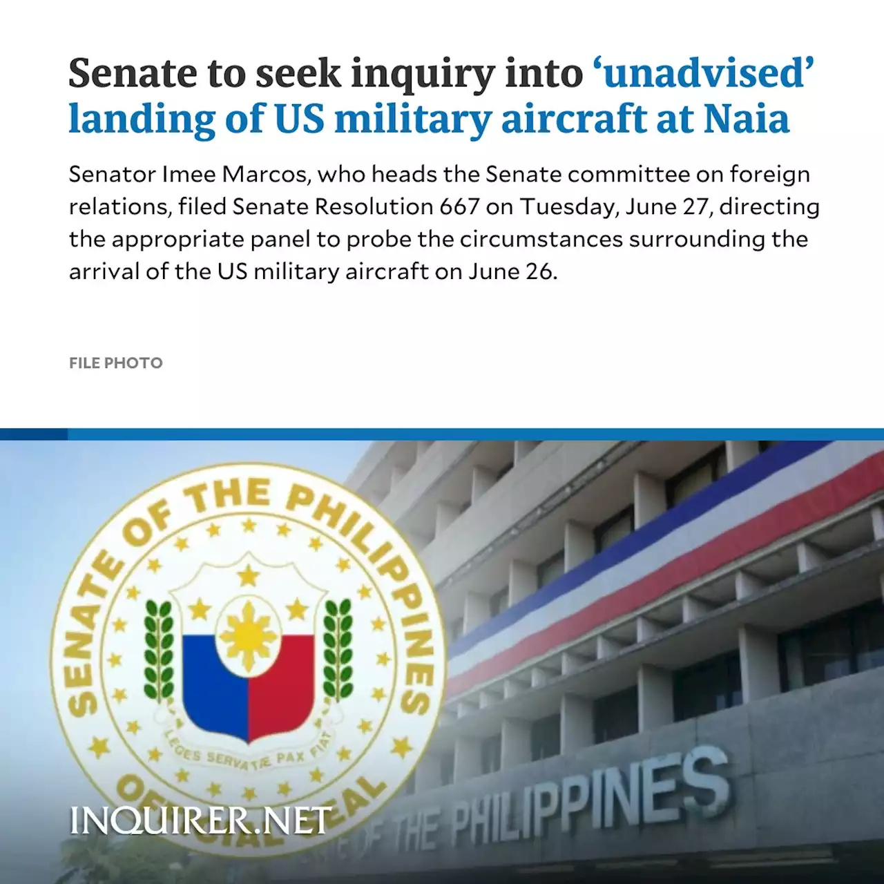 Senate to seek inquiry into ‘unadvised’ landing of US military aircraft at Naia