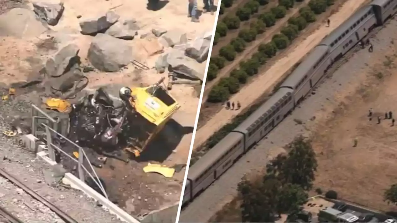 Amtrak train cars partially derail in collision with truck in Moorpark