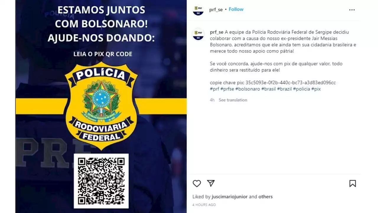 Perfil da PRF de Sergipe pede doações via Pix para Bolsonaro em rede social