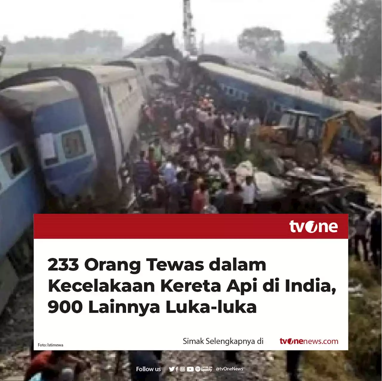 233 Orang Tewas dalam Kecelakaan Kereta Api di India, 900 Lainnya Luka-luka