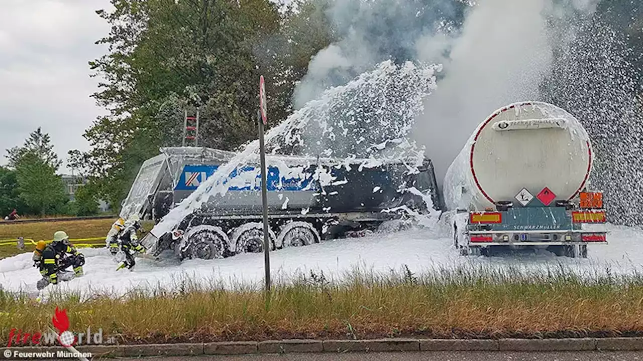 Bayern: Brand zweier Lkw (davon ein Kraftstoff-Tankwagen) nach Kollision mit einem Toten in München