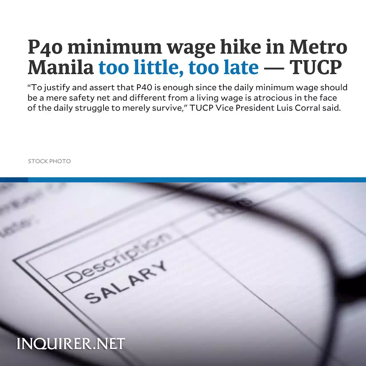 P40 minimum wage hike in Metro Manila too little, too late — TUCP