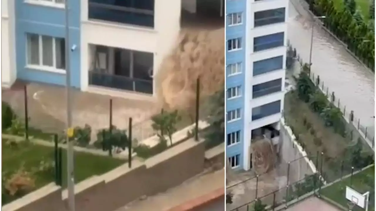 Alluvione ad Ankara, fango e acqua entrano in un palazzo ed escono dai balconi