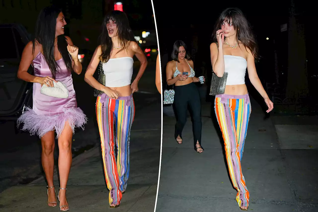 Emily Ratajkowski kicks off Pride Month in rainbow-striped pants