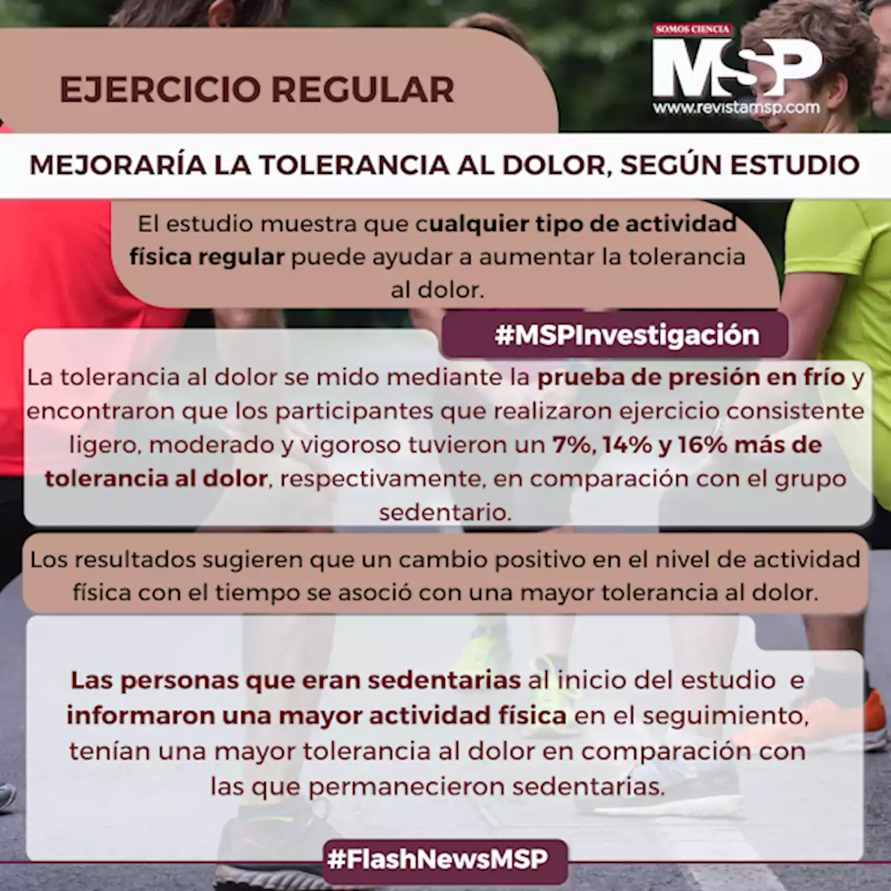 Ejercicio regular mejoraría la tolerancia al dolor, según estudio