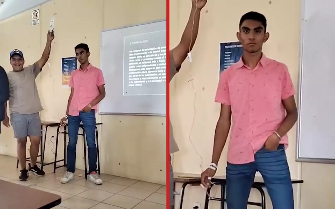 Video | Estudiante se vuelve viral al exponer conectado a una bolsa de suero