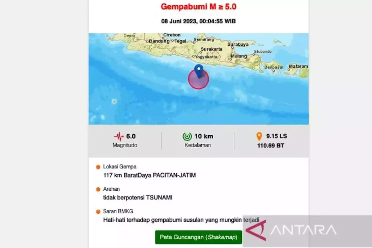 Pacitan Diguncang Gempa M 6,0, Terasa Hinggga Yogyakarta