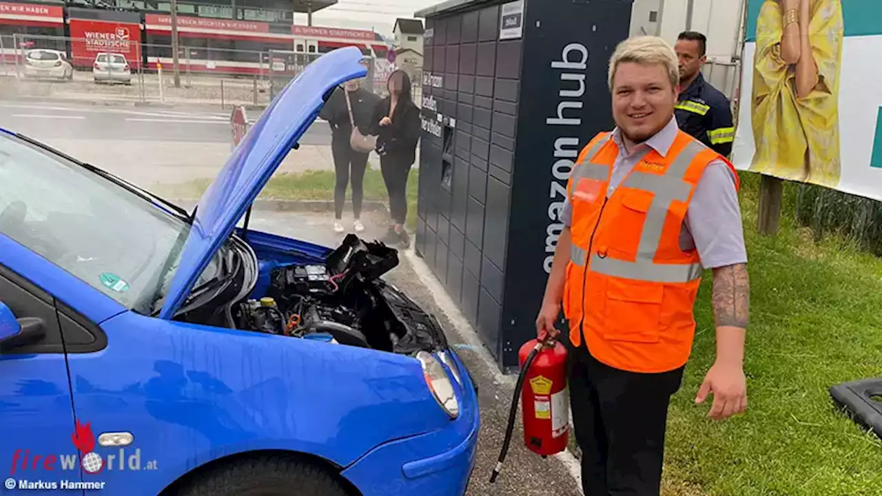 Oö: Autobrand an Tankstelle in Alkoven von Feuerwehrmann vor Ort gelöscht