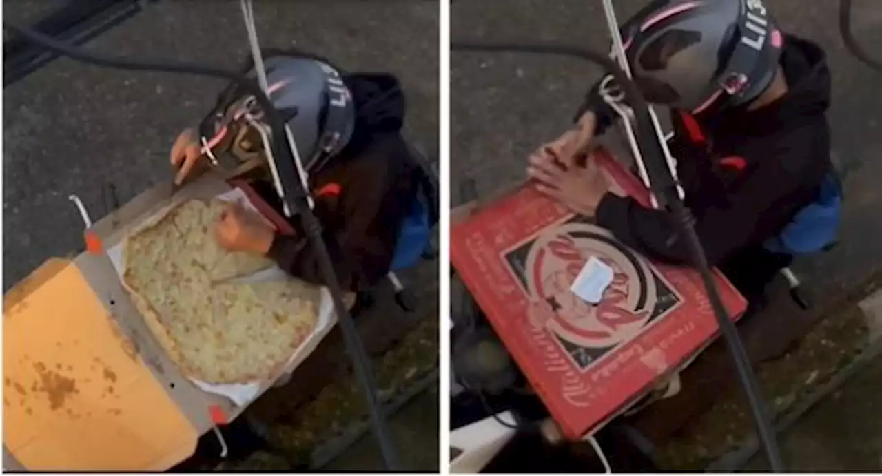 Il «furto» del rider: così riesce a mangiare una fetta di pizza dei clienti senza farsi scoprire