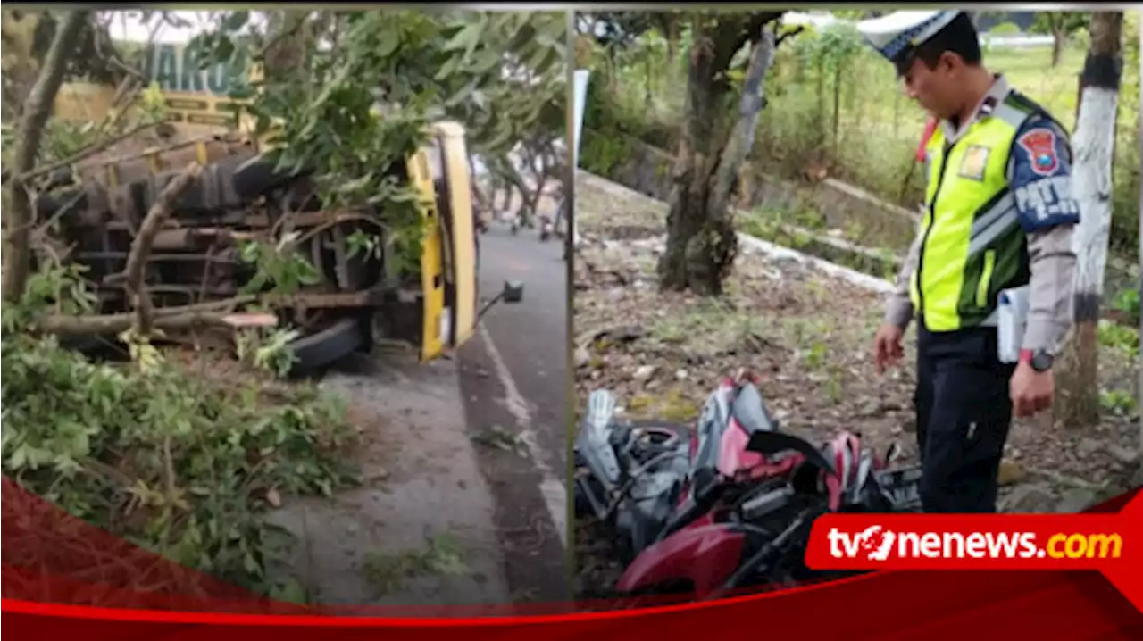 Tidak Kuat Menanjak, Truk Muatan Bata Merah Terguling Masuk Parit dan Timpa Sepeda Motor