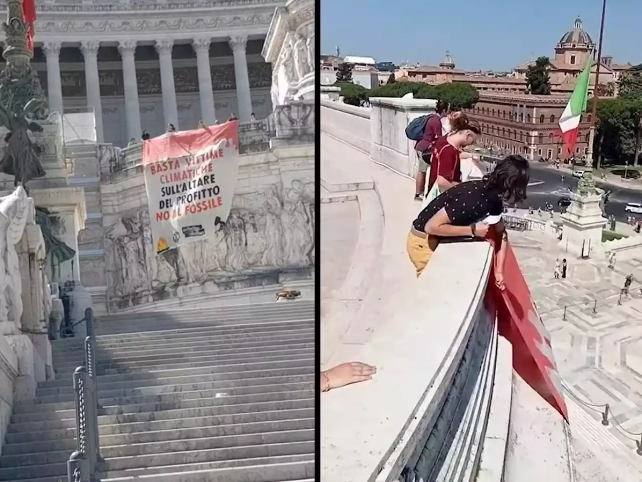 'No al fossile', blitz degli attivisti per il clima all'Altare della Patria