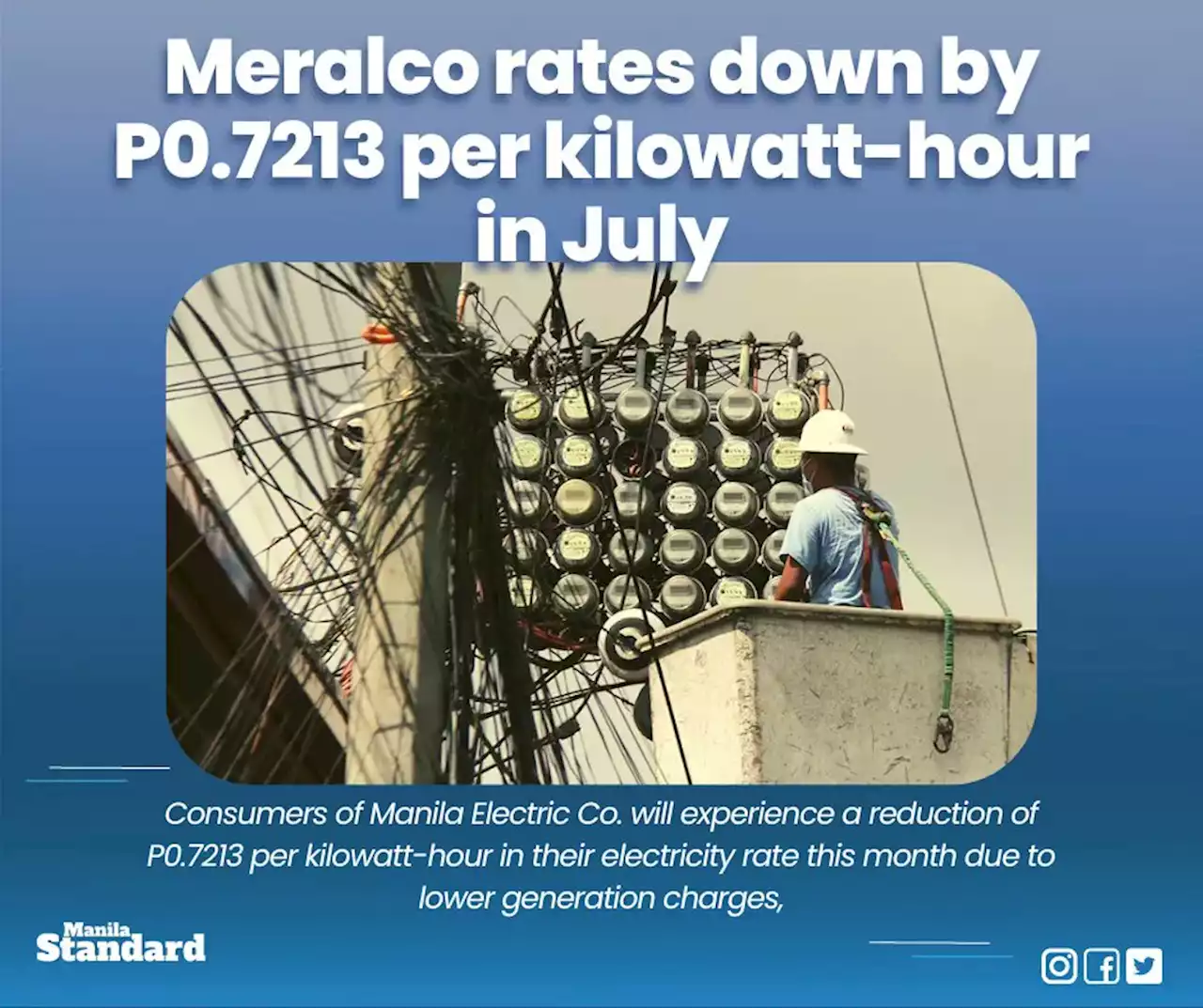 Meralco rates down by P0.7213 per kilowatt-hour in July