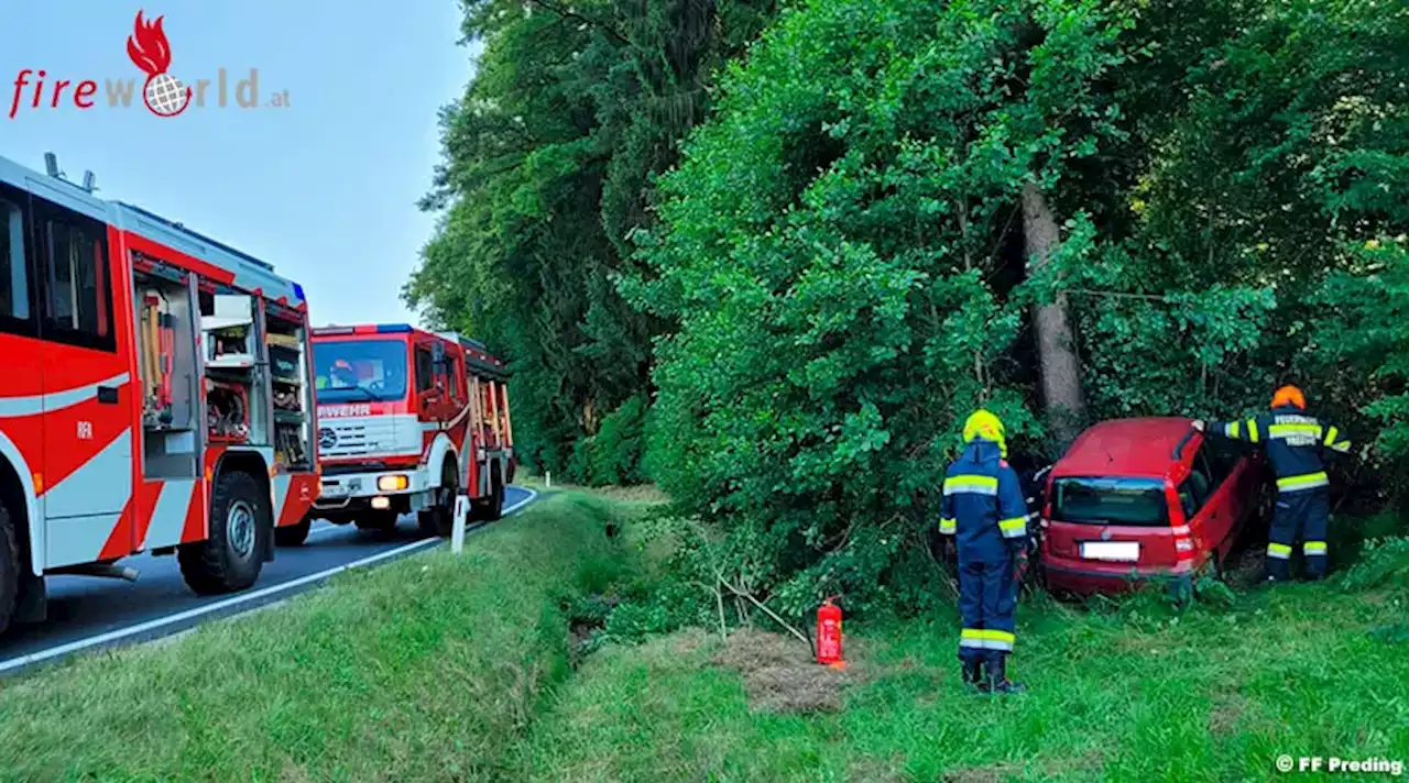 Stmk: Pkw fährt in den Straßengraben und bleibt am Waldrand stehen