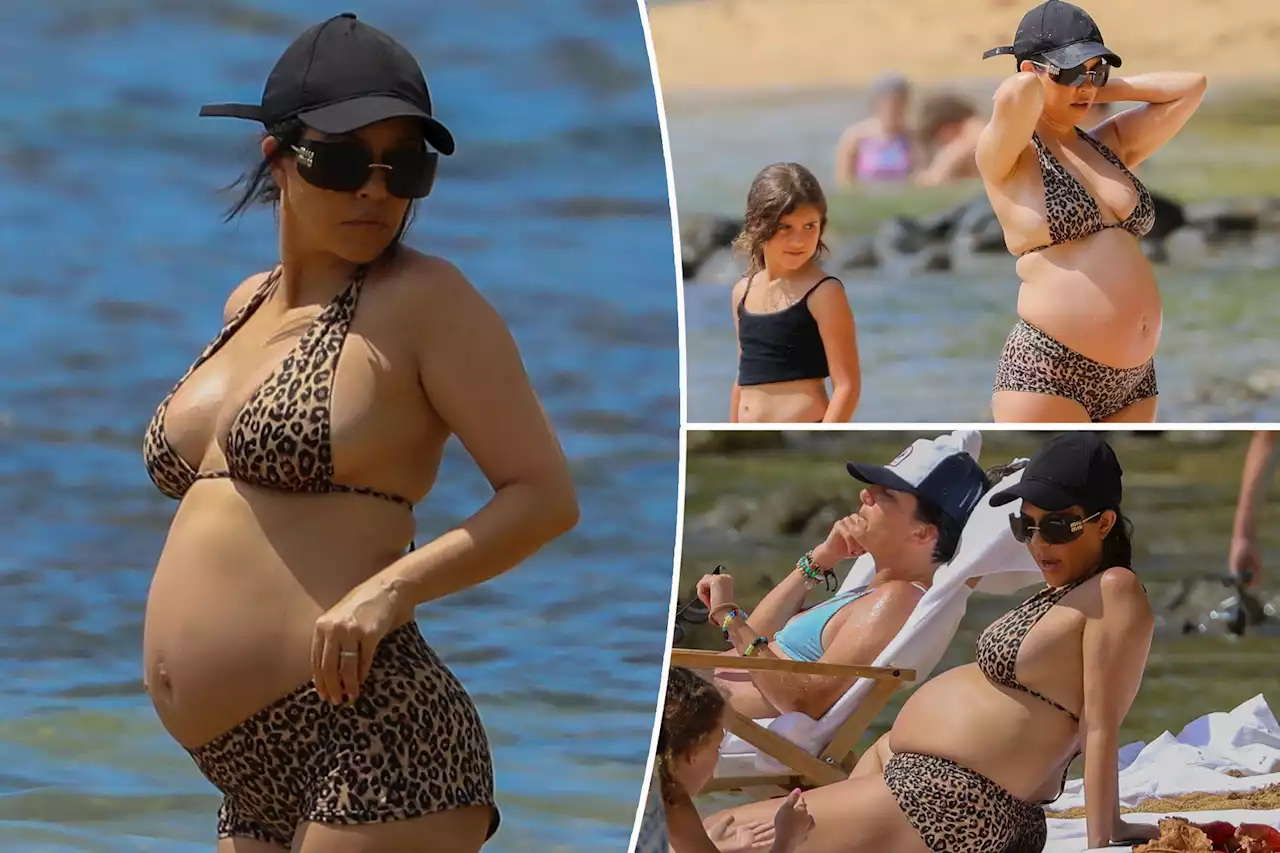 Pregnant Kourtney Kardashian shows off growing baby bump in leopard bikini on Hawaii vacation