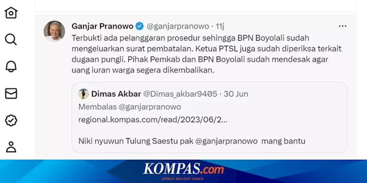 Ganjar Respons Twit Netizen soal Dugaan Pungli Pengurusan Sertifikat Tanah Kas Desa di Boyolali