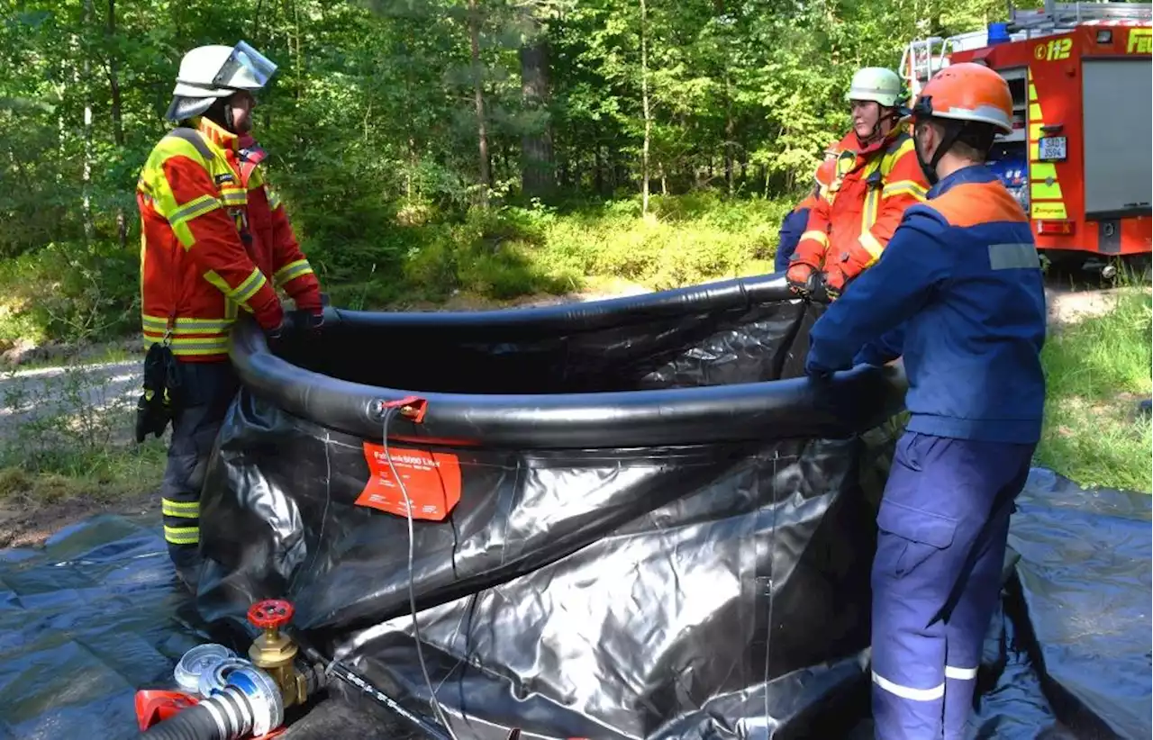 Bei 30 Grad: 60 Aktive üben Waldbrandbekämpfung in Steinberg am See