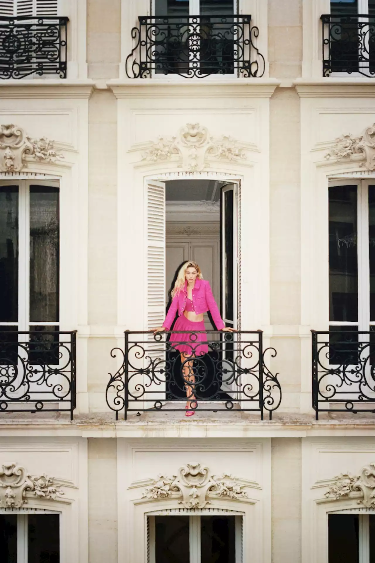 Gigi Hadid Poses by Wrought Iron Balcony in Paris for Self-Portrait