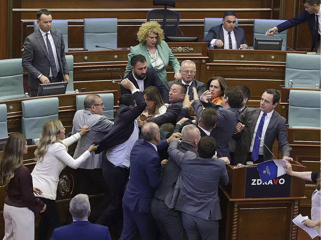 Brawl erupts in Kosovo parliament during prime minister’s speech on defusing tensions with Serbs